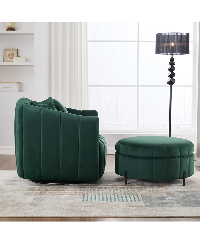 Streamdale Furniture Swivel Velvet Barrel Chair & Ottoman with Pillows - Green