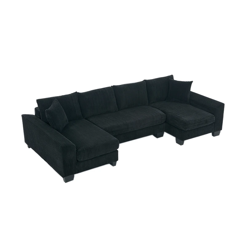 Maison Boucle 114" U-Shaped Corduroy Upholstery Pull-Out Sleeper Bed, Oversized Convertible Sectional, Chaise Lounges, Pillows & Cushions Sofa Bed