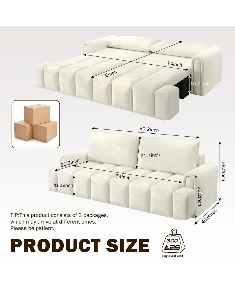 Maison Boucle Modern 4-Seat Teddy Fabric Sleeper Sofa with Storage, 90" Pull-Out Couch Bed, King Convertible for Living Room