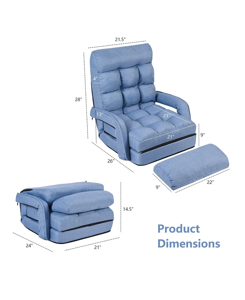 Gymax Blue Folding Lazy Sofa Floor Chair Sofa Lounger Bed with Armrests and Pillow