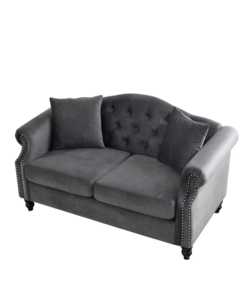 Classic Chesterfield Sofa 2-Seater with Nailhead Trim and Velvet Fabric