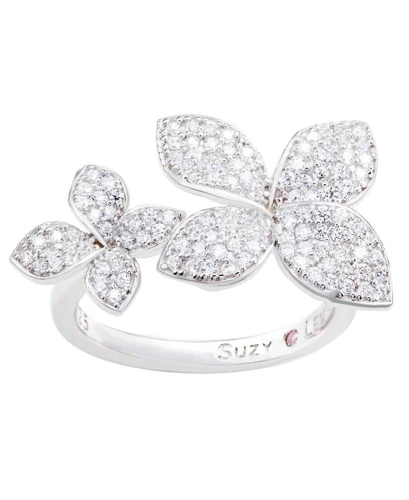 Suzy Levian Sterling Silver Cubic Zirconia Between The Finger Double Flower Ring