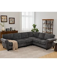 Streamdale Furniture Dark Gray Chenille Sectional Sofa, Rivets, Rolled Arm, 6 Seater