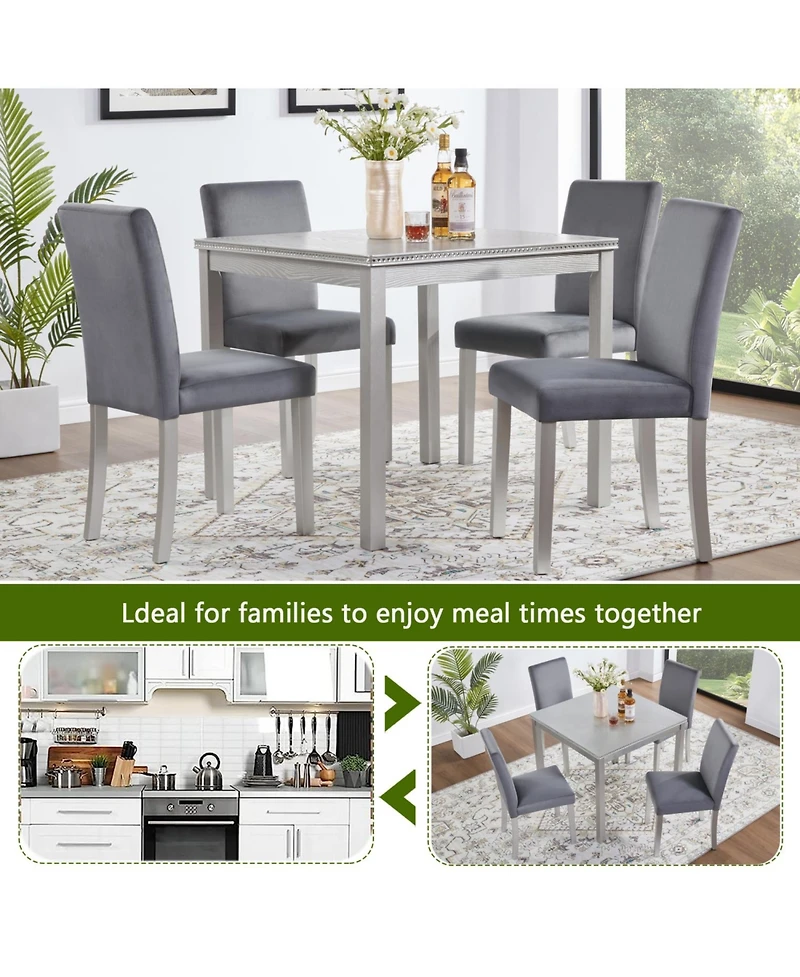 Streamdale Furniture 5-Piece Silver Grey Dining Set with Upholstered Chairs
