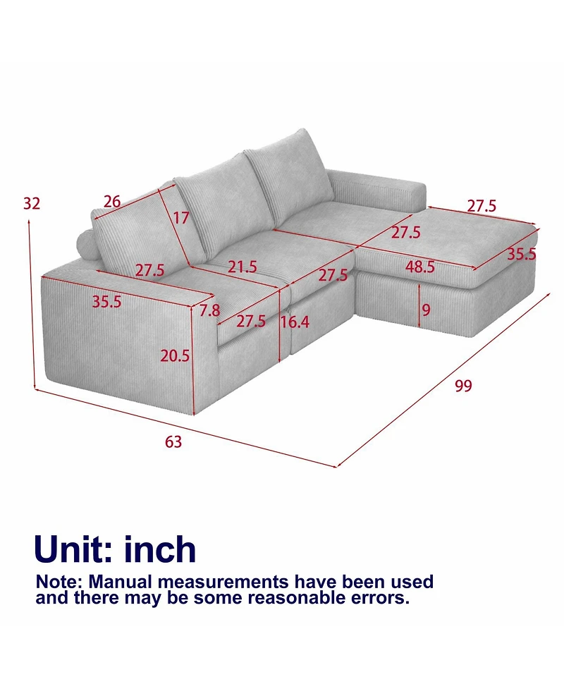 Streamdale Furniture 99" Corduroy Sectional Sofa with Chaise & 3 Pillows