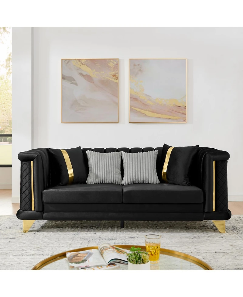 Streamdale Furniture Velvet 3 Seater Sofa, Gold Trim, Tufted Couch with Pillows