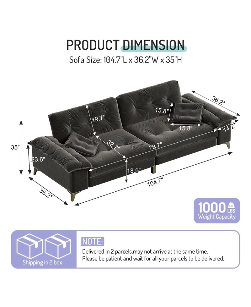 Streamdale Furniture Modern 4-Seat Cloud Sofa, Wide Arms, Tufted, Chenille, Dark Grey