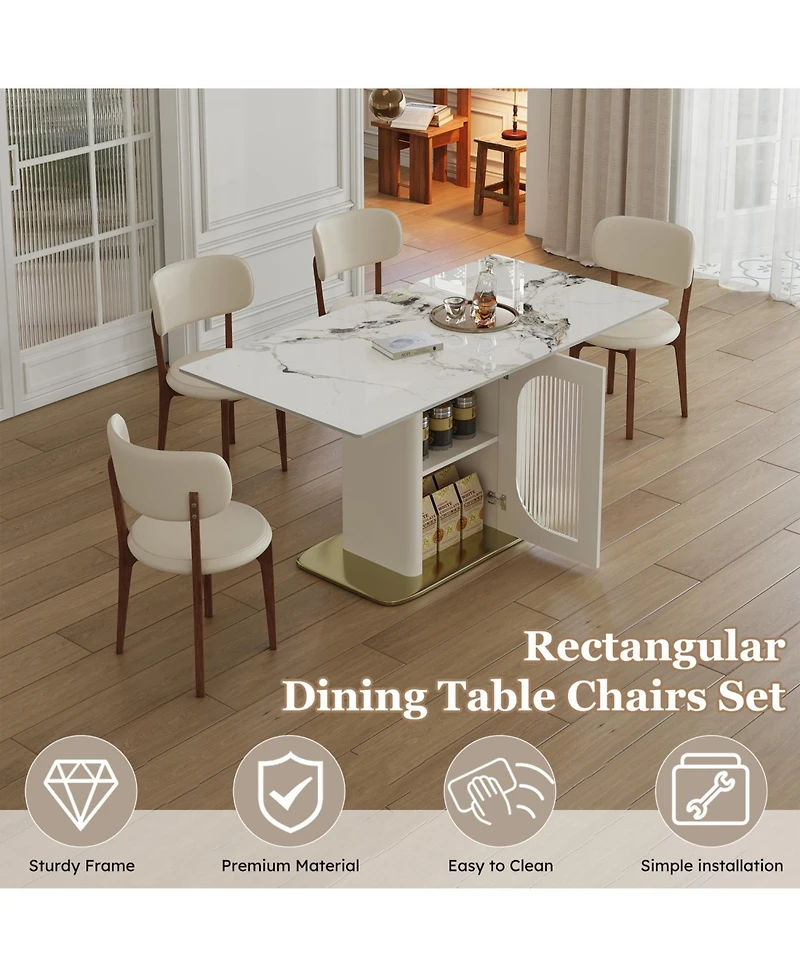 Streamdale Furniture 63" Modern Dining Table Set, Burnt Stone Top, Gold Base, 4 White Chairs