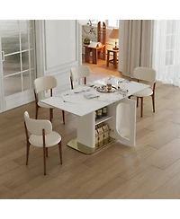 Streamdale Furniture 63" Modern Dining Table Set, Burnt Stone Top, Gold Base, 4 White Chairs