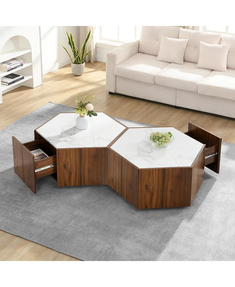 Streamdale Furniture Rustic Hexagonal Coffee Table, Drawers, Marble Top, Light Oak
