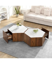 Streamdale Furniture Rustic Hexagonal Coffee Table, Drawers, Marble Top, Light Oak