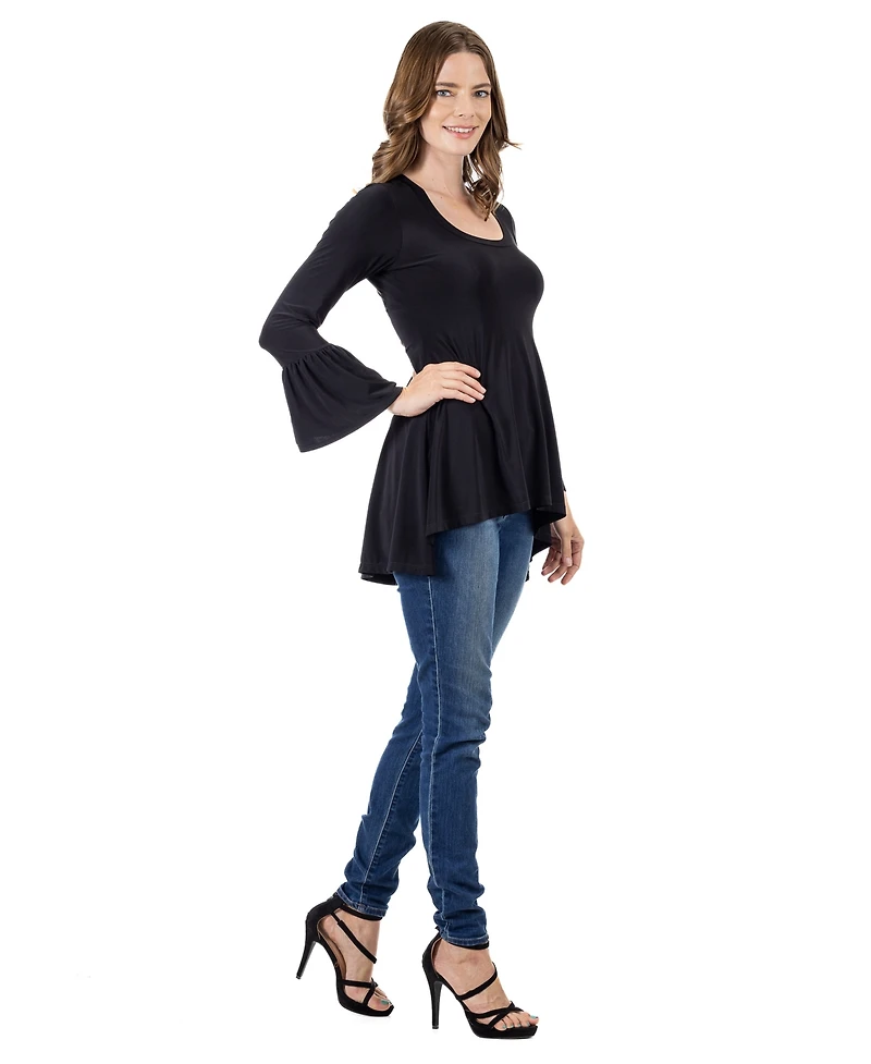 24seven Comfort Apparel Women's Long Bell Sleeve High Low Tunic Top
