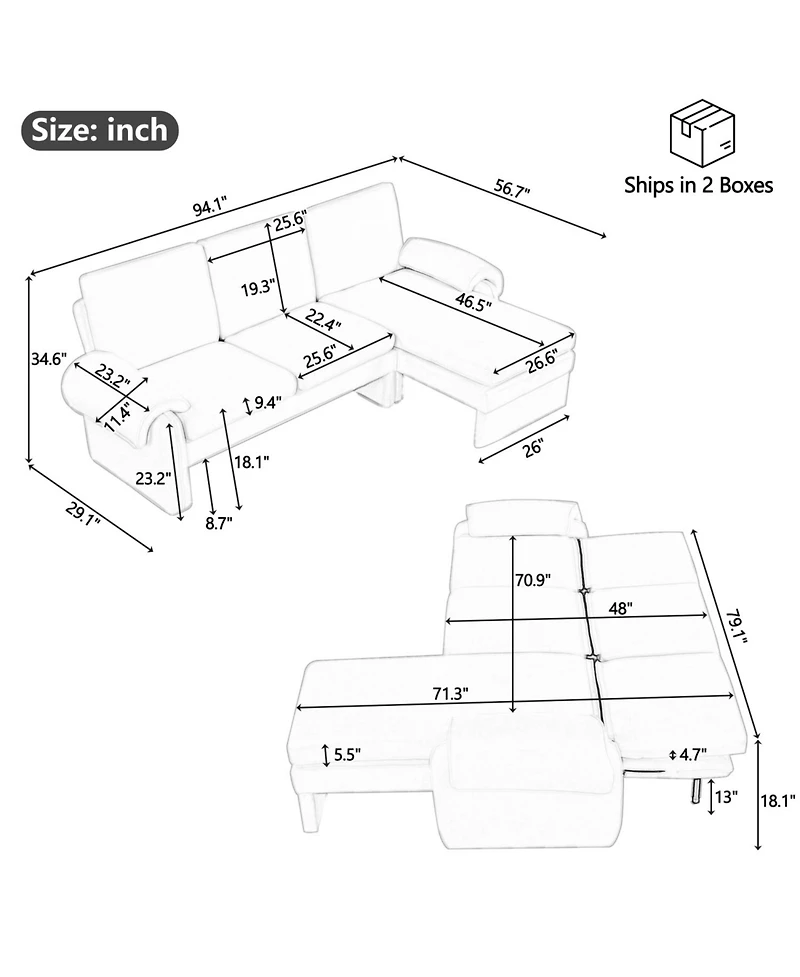 Streamdale Furniture 94" Convertible Futon Sofa Bed Chaise & Pillows