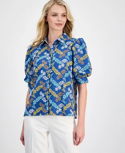 T Tahari Women's Embroidered Puff-Sleeve Button-Front Blouse