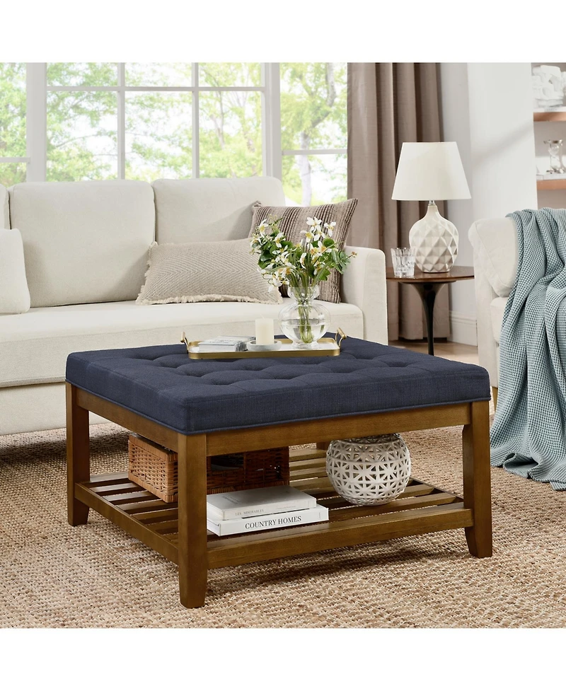 Streamdale Navy Blue Linen Tufted Ottoman w/ Wood Frame & Shelf
