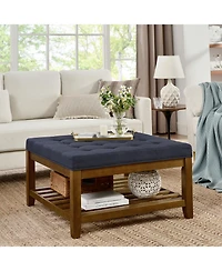 Streamdale Navy Blue Linen Tufted Ottoman w/ Wood Frame & Shelf