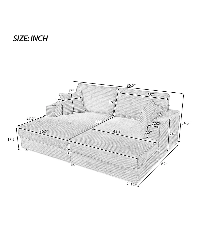 Streamdale Furniture Oversized Corduroy Loveseat Chaise Lounge with Usb Ports, Cup Holders, and Pillows