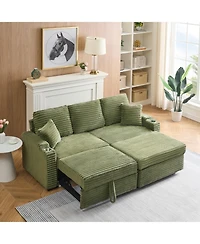 Streamdale Furniture 80" Corduroy Sofa Bed with Reclining, Footstool, & Cup Holders - Green