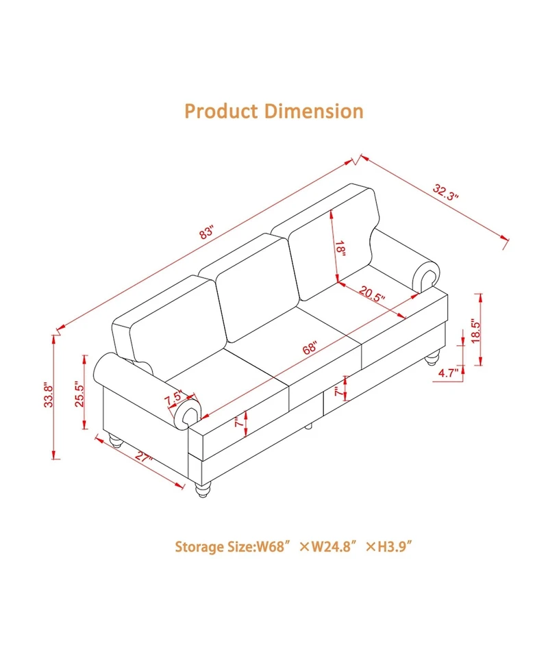 Streamdale Furniture 83" Modern Grey Sofa with Nailhead Trim