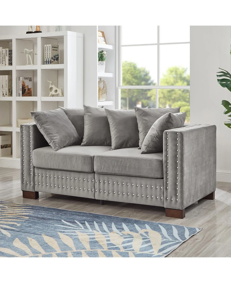 Streamdale Furniture Modern Grey Velvet Loveseat with Silver Nailhead Trim