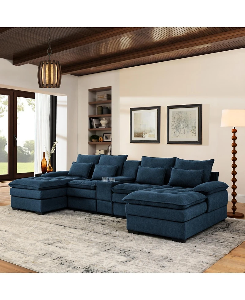 Streamdale Furniture 130" U-Shaped Sofa with Console, Cupholders, Sleeper & Chaise (Blue)