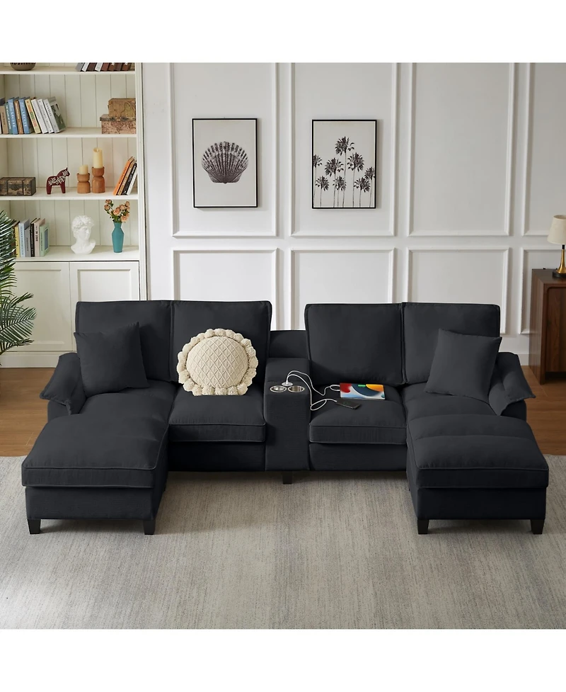 Streamdale Furniture Corduroy Sectional Sofa Bed w/Storage, U-Shape, 4-Seater, Cup Holders