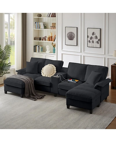 Streamdale Furniture Corduroy Sectional Sofa Bed w/Storage, U-Shape, 4-Seater, Cup Holders