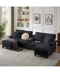 Streamdale Furniture Corduroy Sectional Sofa Bed w/Storage, U-Shape, 4-Seater, Cup Holders
