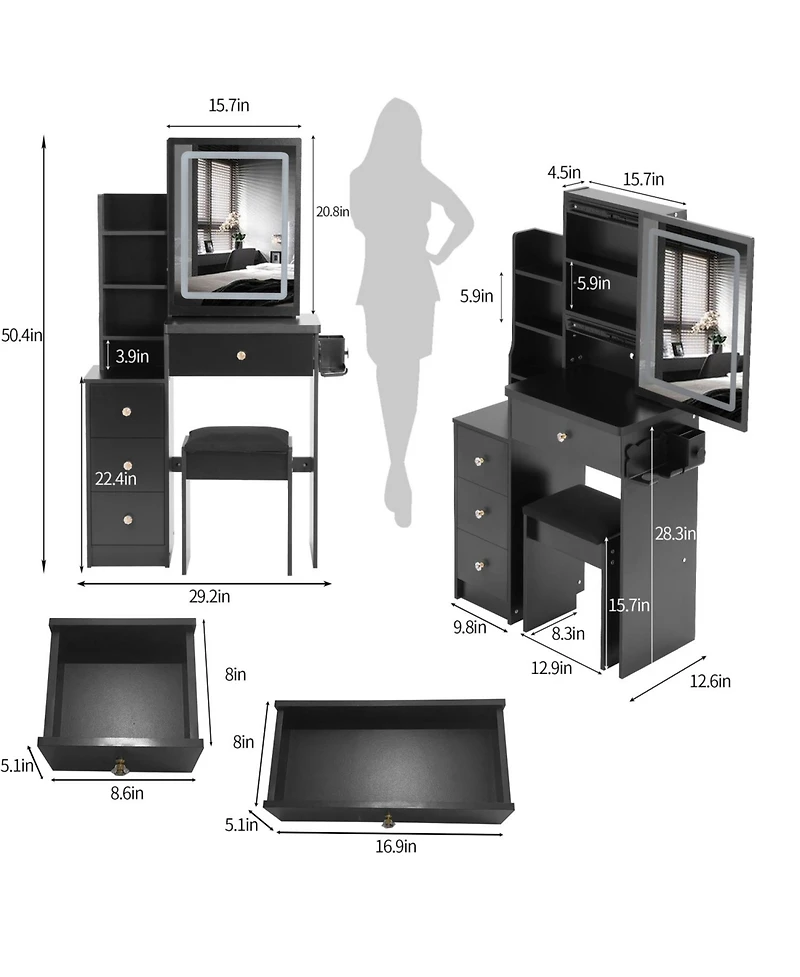Streamdale Furniture Multifunctional Bedside Vanity Table with - Led Mirror- Power Station- Hair Dryer Bracket- Cushioned Stool- Tri-Color Lighting