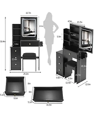 Streamdale Furniture Multifunctional Bedside Vanity Table with - Led Mirror- Power Station- Hair Dryer Bracket- Cushioned Stool- Tri-Color Lighting