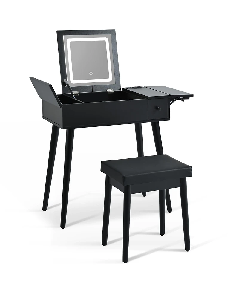 Streamdale Furniture 28" Black Vanity Desk with Flip-Top Mirror, Led Light, Charging Station, Drawers, and Stool