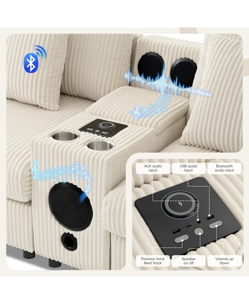 Streamdale Furniture Streamdale Corduroy Sectional Sofa with Bluetooth, Console, Usb Charger, Storage, Ottoman