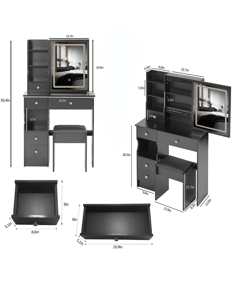 Streamdale Furniture Compact Vanity Table with Touch Control Led Mirror (Epa, Gcc, Ul Certified