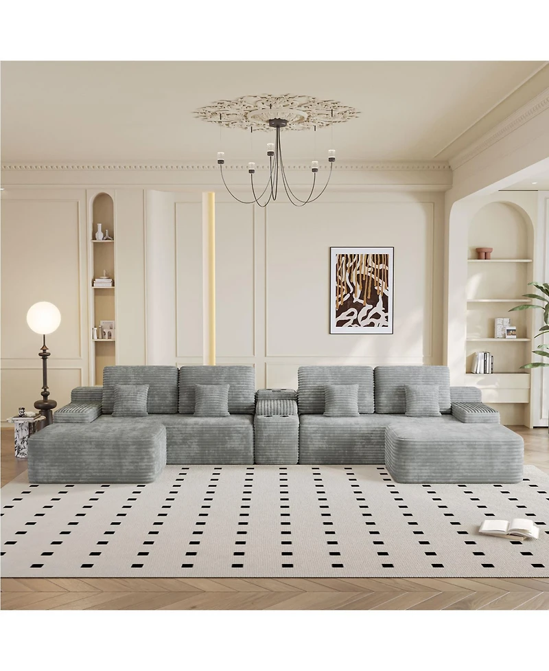 Streamdale Furniture 150" Sectional Sofa with 2 Ottomans, Light Grey Corduroy