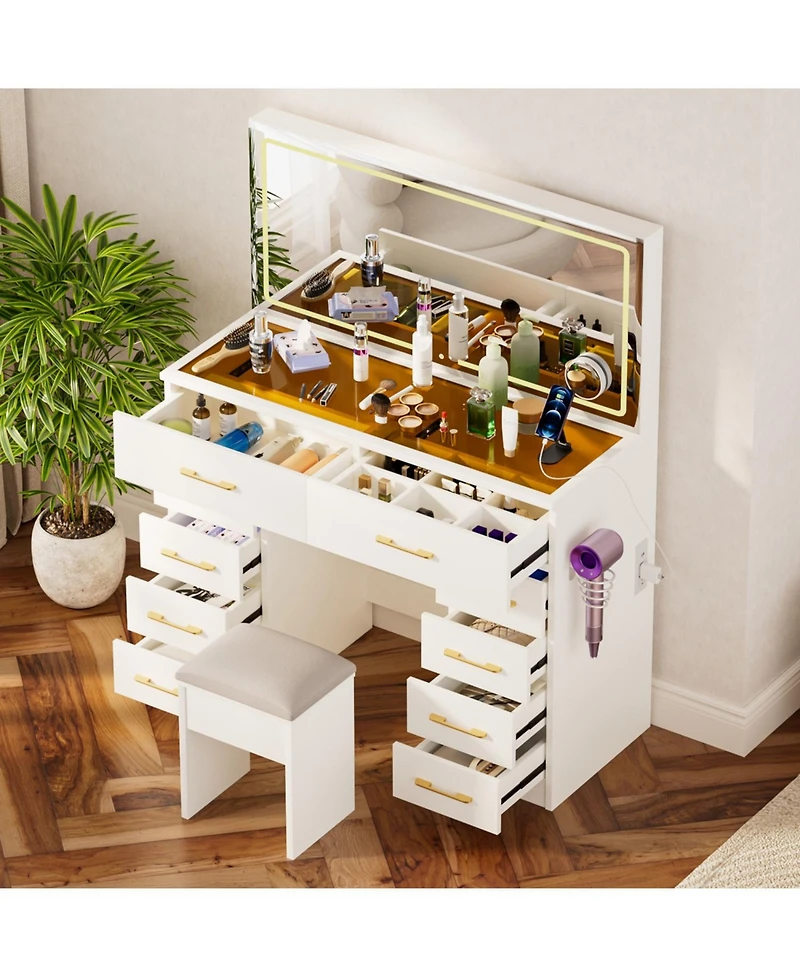 Streamdale Furniture 46" Glass Top Vanity Desk with Mirror, Stool, Power Outlet