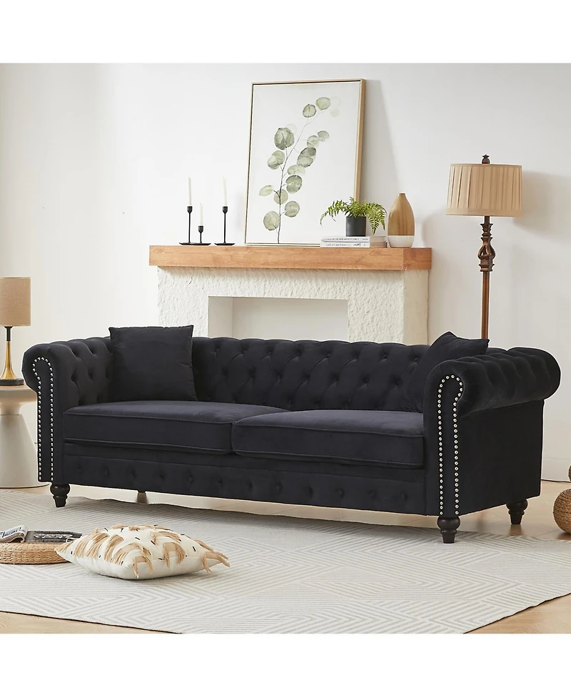 Streamdale Furniture Velvet Chesterfield Sofa 85.5" Rolled Arms 3 Seater Button Design + 2 Cushions