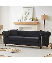 Streamdale Furniture Velvet Chesterfield Sofa 85.5" Rolled Arms 3 Seater Button Design + 2 Cushions