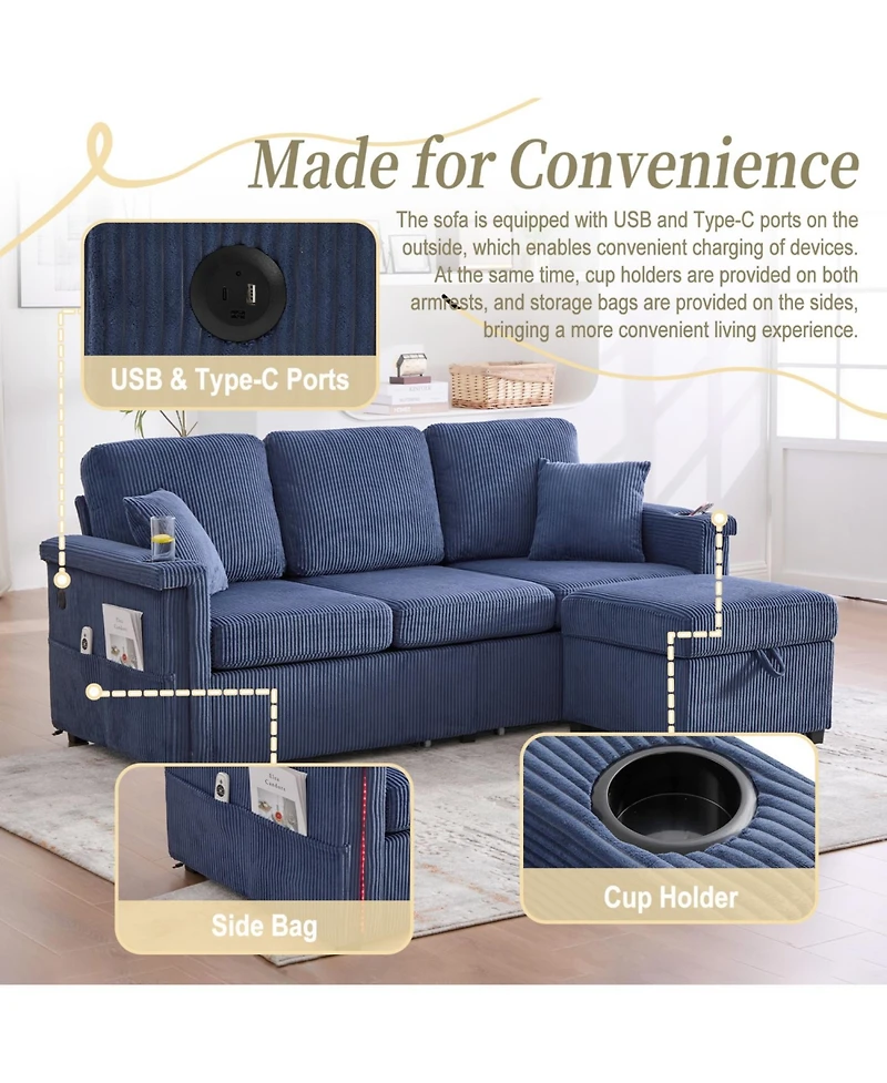 Streamdale Furniture L-Shaped Sectional Sofa w/ Storage Ottoman, Usb, Cup Holder
