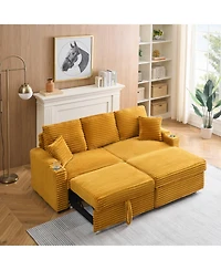 Streamdale Furniture 80" Corduroy Sofa with Reclining, Footstool, Cup Holders