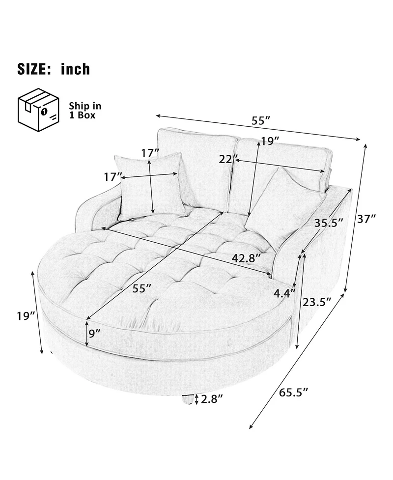 Streamdale Furniture 55" Modern Chaise Lounge Sofa Bed with Tufted Seat & Pillows
