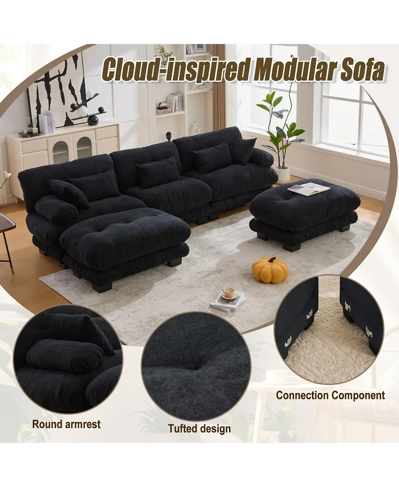 Streamdale Furniture Pelletized Velvet Cloud Couch w/ 2 Ottomans & 3 Seater Sofa