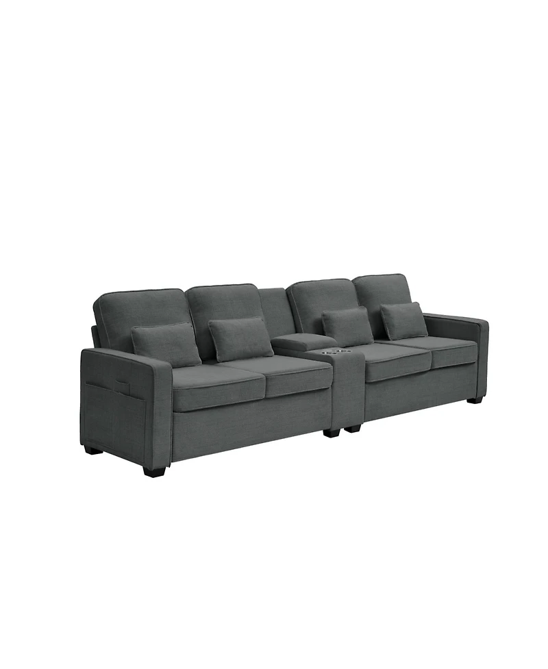 Streamdale 114" Sofa w/ Console, Cupholders, Usb Ports, Pillows - Dark Gray