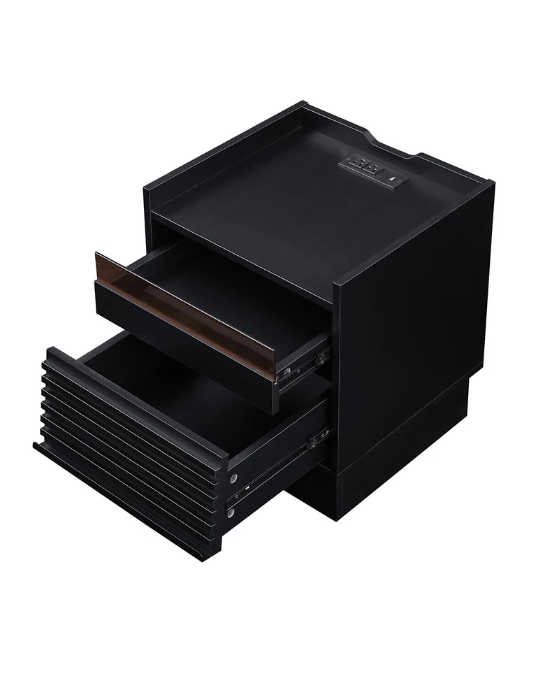 Streamdale Furniture Mid Century Nightstand with Charging & Led, 2 Drawers, Bedside/End Table, Black