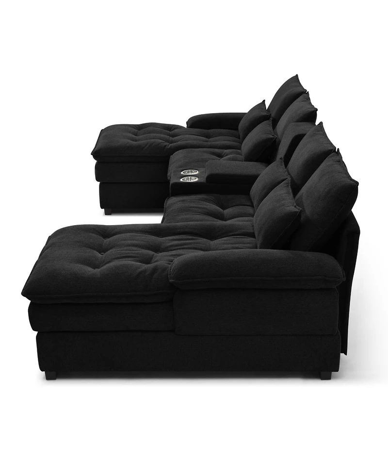 Streamdale Furniture 130" U-Shaped Sofa with Console, Cupholders, Sleeper & Chaise (Black)