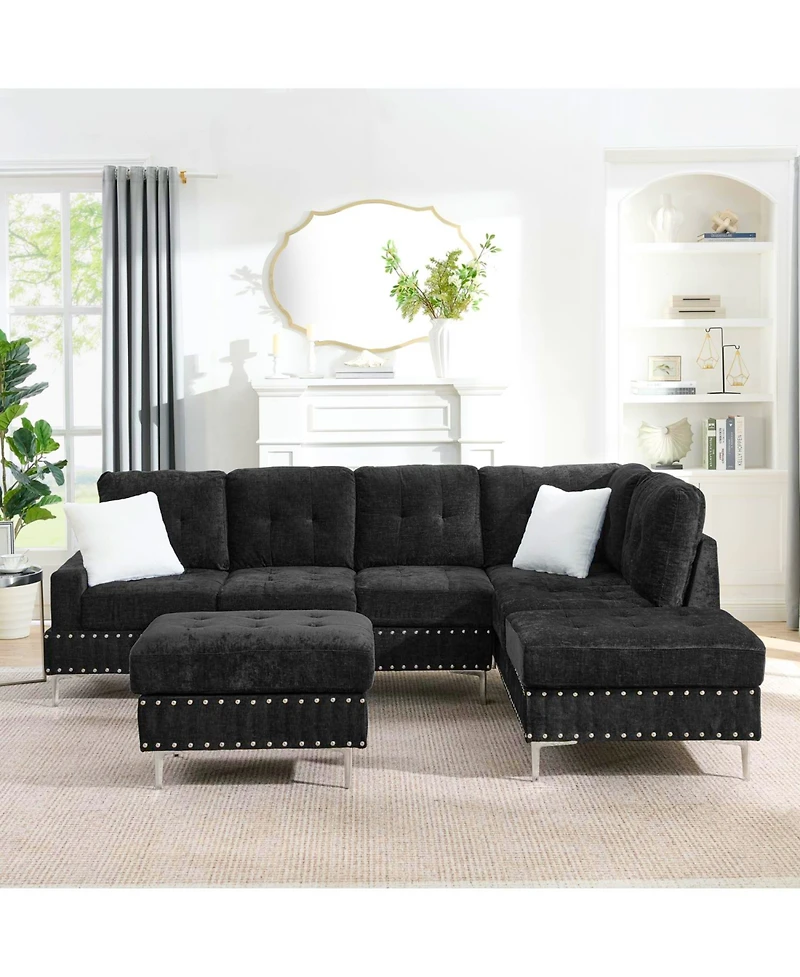 Streamdale Furniture Sectional Sofa with Reversible Chaise, Storage Ottoman, Metal Legs, Pillows, Black