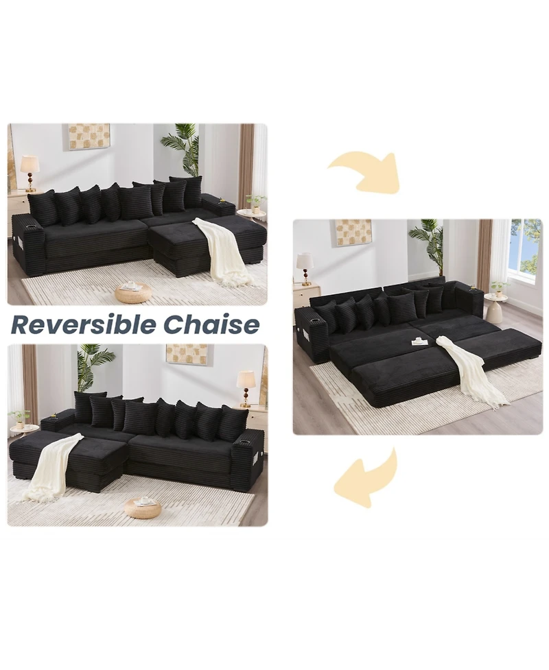 Streamdale Furniture Corduroy L-Shaped Sectional Sofa Bed with Ottoman, Pillows & Cup Holders - Black