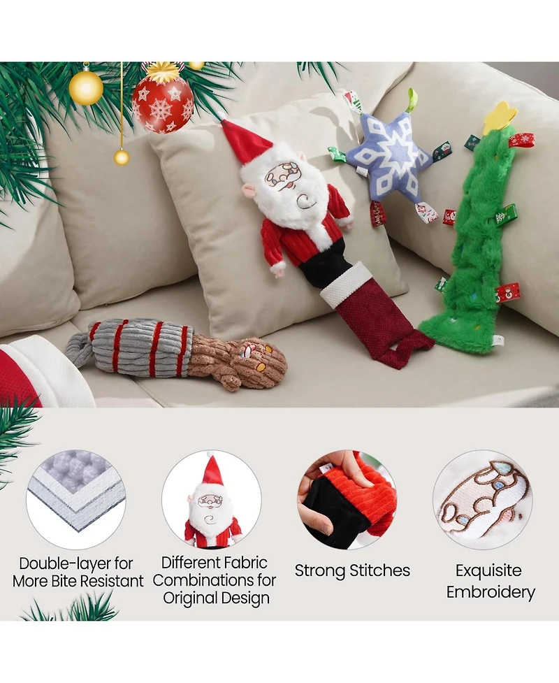 Nocciola 4 Pack Tag & Tug Christmas Dog Toys, No Stuffing Santa, Ginger Man, Christmas Tree & Stuffed Snowflake Tough Dog Toys