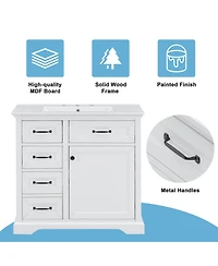 Clihome 36-Inch Bathroom Vanity with Ceramic Sink Top,Freestanding Storage Cabinet with Metal Finish