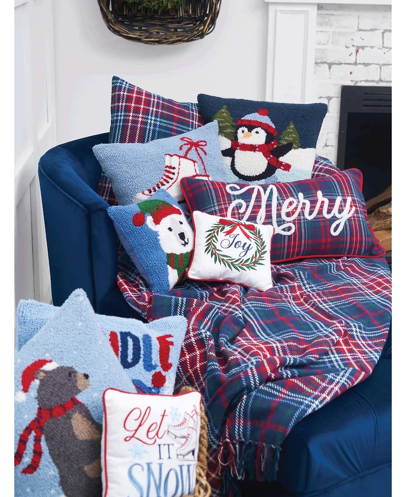 C&F Home 12" x 12" White Polar Bread Wearing Hat and Scarf on Blue Background Holiday Winter Cotton Hooked Pillow Accent Throw Pillow