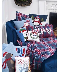 C&F Home 12" x 12" White Polar Bread Wearing Hat and Scarf on Blue Background Holiday Winter Cotton Hooked Pillow Accent Throw Pillow